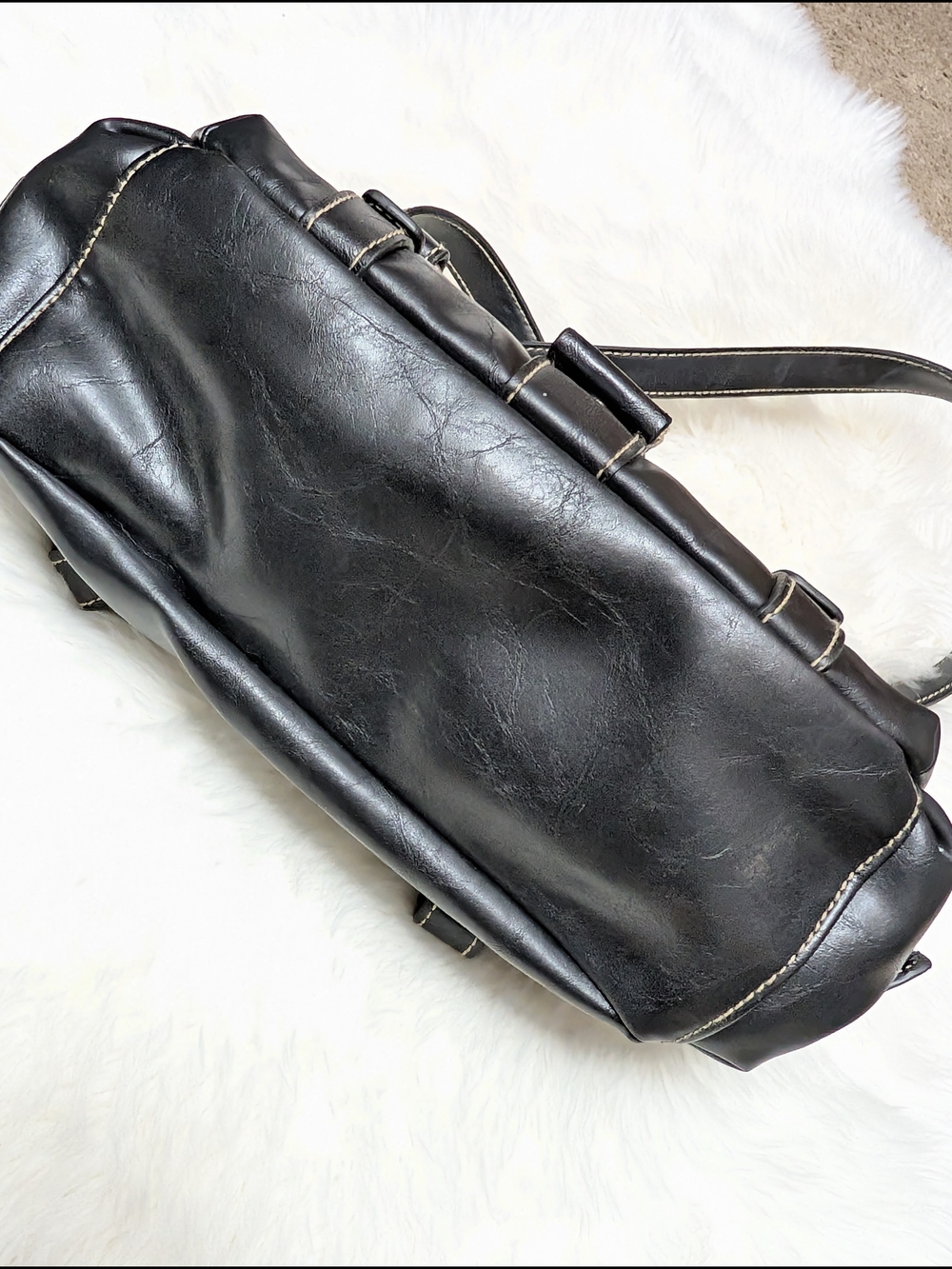Small Black Vinyl Shoulder Bag with Buckle Detail - Picture 9 of 13